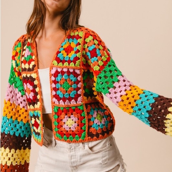 New Color! Bibi Handmade Vibrant Crochet Multicolor Cropped Cardigan Sweater - Picture 5 of 12